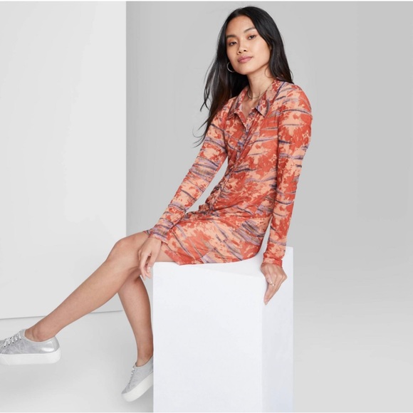Women's Long Sleeve Button-Front Mesh Dress - Wild Fable™ Orange Tie-Dye Small - Picture 4 of 6